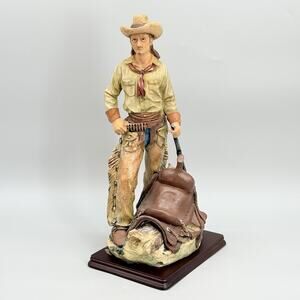 Resin Painted 12.5" Western Cowboy Statue Figure Horse Saddle Rifle Hand Painted